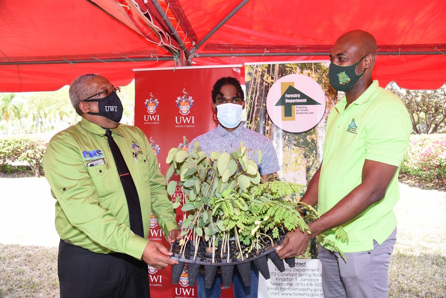 (L-R) Pro Vice-Chancellor and Principal of The UWI Mona Campus, Professor Dale Webber, Guild Representative and Faculty Representative for Engineering Alwain Bisasor; and CEO and Conservator of Forests, Mr Ainsley A Henry all pictured a the Tree Planting Ceremony hosted on February 24, 2022, at The UWI Mona Campus.
